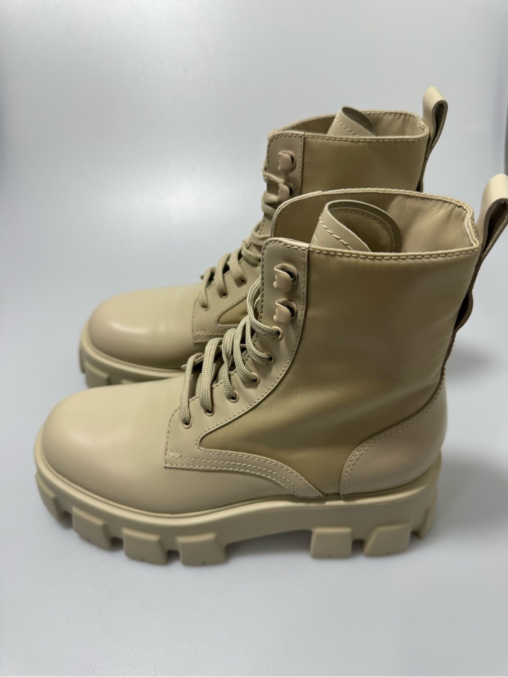 Prada Monolith Leather and Nylon Combat Boots Neutral Women’s EU 39/US 9